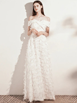 Shop 2023 Annakoo Off The Shoulder White Feather Long Prom Dress Under 132