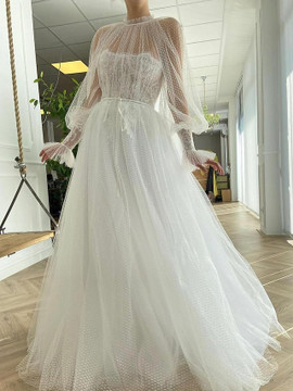 Shop 2023 Annakoo White Long Sleeve Tulle High Neck Wedding Dress Under 223