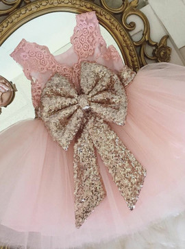 Ball Gown Round Neck Sequin Bowknot Pink Flower Girl Dress