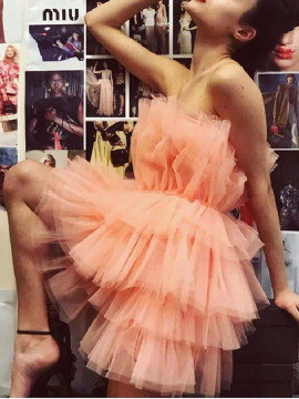 Shop 2023 ANNAKOO Pink Short Mini Ruffles Tulle Homecoming Dress Under 168