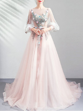 Shop 2023 ANNAKOO Long Sleeve Tulle Floral Lace Up A Line Prom Dress Under 164