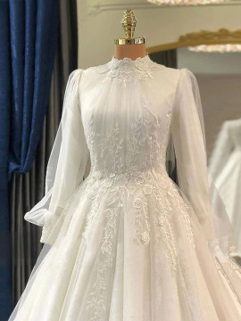 Shop 2023 ANNAKOO High Neck Long Sleeves Tulle Appliques Wedding Dress Under 168