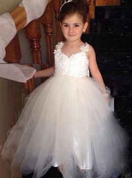 Ball Gown Scoop  Bowknot Appliques Backless Long Tulle Flower Girl Dress 