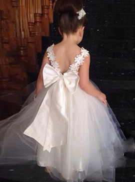 Ball Gown Scoop  Bowknot Appliques Backless Long Tulle Flower Girl Dress 