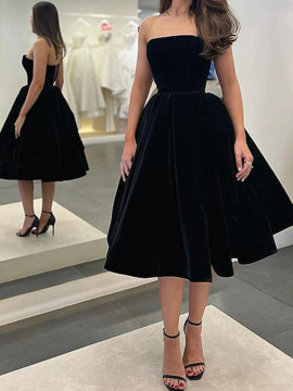Shop 2023 ANNAKOO Strapless Tea Length Black Velvet Homecoming Dress Under 125