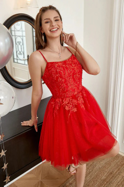 Shop 2023 ANNAKOO Open Back Red Lace Short Appliques Homecoming Dress Under 145