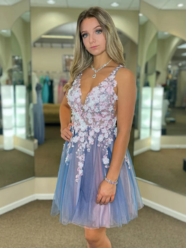 Shop 2023 Floral V Neck Blue Backless Homecoming Dress Under 134