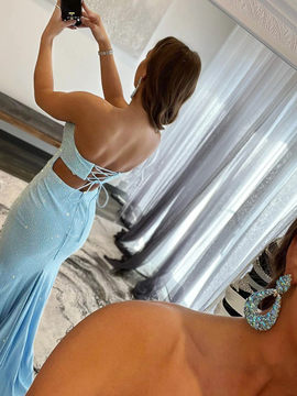 shop 2023 ANNAKOO Sweetheart Mermaid Sequin Blue Slit Prom Dress Under 148