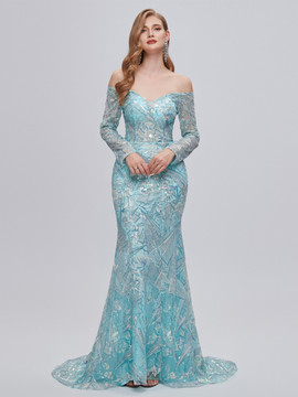 Shop 2023 ANNAKOO Mint Sparkle Tulle Long Sleeve Trumpet Mermaid Prom Dress Under 298