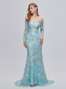 Shop 2023 ANNAKOO Mint Sparkle Tulle Long Sleeve Trumpet Mermaid Prom Dress Under 298