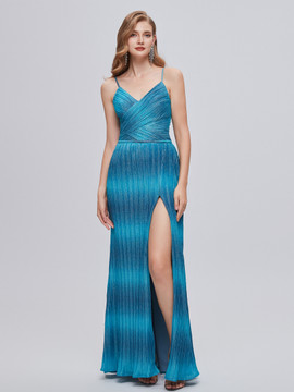 shop 2023 ANNAKOO Blue Sequin V Neck A Line Pleats Prom Dress With Slit under 188