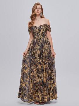 Shop 2023 ANNAKOO Night Sky Gold Sequin Tulle Off The Shoulder Prom Dress Under 198