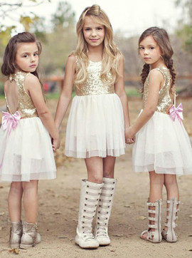 Sequins Bowknot Open Back White Short Flower Girl Dress