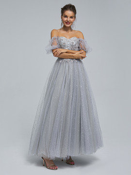Shop 2023 Annakoo Off The Shoulder Tulle Silver Short Sleeve Prom Dress Under 188