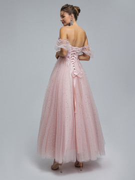 Shop 2023 ANNAKOO Off The Shoulder Tulle Pink Short Sleeve Prom Dress Under 188