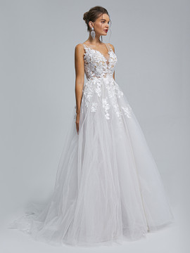 Shop 2023 ANNAKOO V Neck Tulle Appliques White A Line Beach Wedding Dress Under 185
