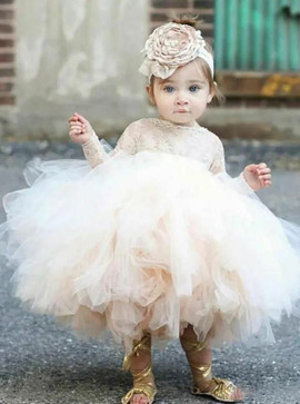 Long Sleeves Ball Gown Bateau Short Tulle Flower Girl Dress