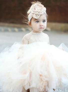 Long Sleeves Ball Gown Bateau Short Tulle Flower Girl Dress