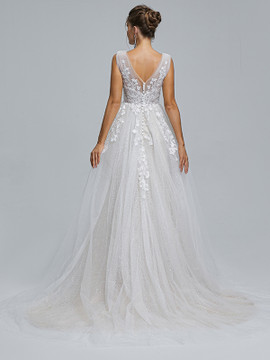 Shop 2023 ANNAKOO Floral Appliques V Neck Lace Up Tulle Wedding Dress Under 245