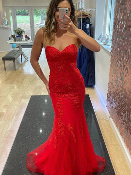 Shop 2023 ANNAKOO Strapless Mermaid Red Lace Corset Long Prom Dress Under 188