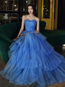 Shop 2023 ANNAKOO Lace Up Sweetheart Layered Blue Tulle Long Prom Dress Under 188