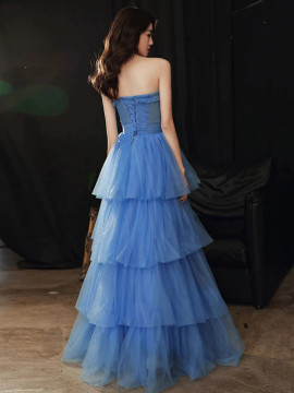 Shop 2023 ANNAKOO Lace Up Sweetheart Layered Blue Tulle Long Prom Dress Under 188