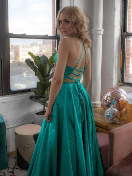 Shop 2023 ANNAKOO A Line V Neck Open Back Green Satin Long Prom Dress Under 100