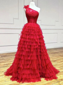 Shop 2023 ANNAKOO Lace Layer One Shoulder Tulle A Line Red Prom Dress Under 188