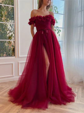Shop 2023 ANNAKOO Off The Shoulder Burgundy Ruffles Tulle Prom Dress Under 148