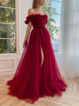 Shop 2023 ANNAKOO Off The Shoulder Burgundy Ruffles Tulle Prom Dress Under 148