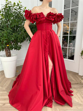 Shop 2023 ANNAKOO Red Off The Shoulder Satin Buttons Prom Dress With Slit Under 158
