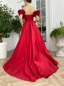 Shop 2023 ANNAKOO Red Off The Shoulder Satin Buttons Prom Dress With Slit Under 158