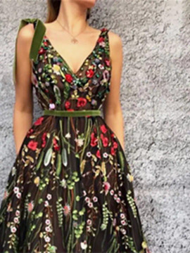 Shop 2023 ANNAKOO V Neck Floral Tulle A Line Prom Dress With Pocket Under 155