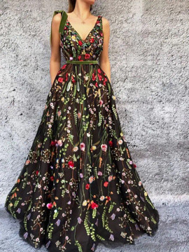 Shop 2023 ANNAKOO V Neck Floral Tulle A Line Prom Dress With Pocket Under 155