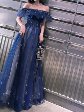 Shop 2023 ANNAKOO Off The Shoulder Tulle Star Sequin Lace Up Prom Dress Under 96