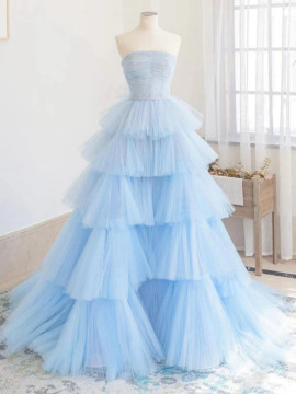 Shop 2023 ANNAKOO  Blue Strapless Tulle Ruffles Zipper Up Back Prom Dress Under 188