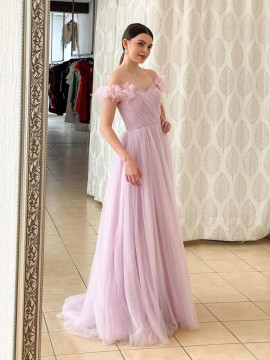Shop 2023 Pink Off The Shoulder Tulle Long Evening Prom Dress Under 148