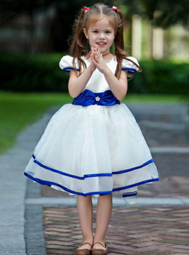 Scoop Cap Sleeve Royal Blue Organza Flower Girl Dress with Bowknot