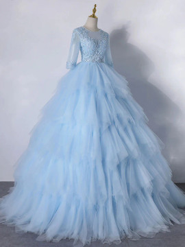 Shop 2023 ANNAKOO Blue Long Sleeve Tulle Pleats Appliques Prom Dress Under  197