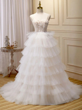 Shop 2023 ANNAKOO Sweetheart Tulle Pleats Beading Flower White Prom Dress Under 219