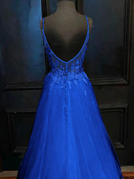 Shop 2023 ANNAKOO V Neck Blue Appliques See Through Buttons Prom Dress Under 145