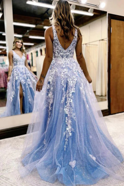 Shop 2023 ANNAKOO Blue V Neck Appliques Flower Tulle Prom Dress With Slit Under 199