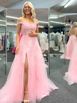 Shop 2023 Annakoo Off The Shoulder Pink Appliques A Line Prom Dress With Slit Under 164