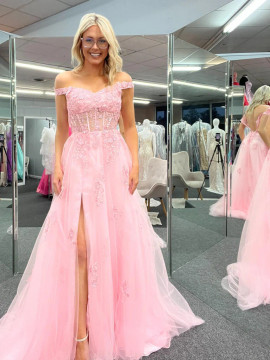 Shop 2023 Annakoo Off The Shoulder Pink Appliques A Line Prom Dress With Slit Under 164