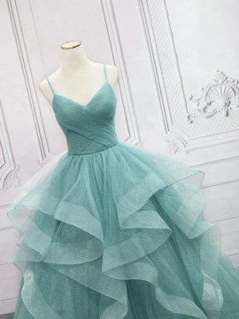 Shop 2023 ANNAKOO V Neck Green Tulle Ruffles A Line Lace Up Prom Dress Under 156