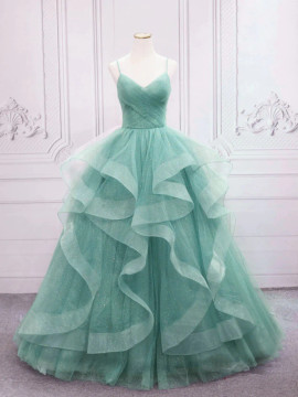 Shop 2023 ANNAKOO V Neck Green Tulle Ruffles A Line Lace Up Prom Dress Under 156