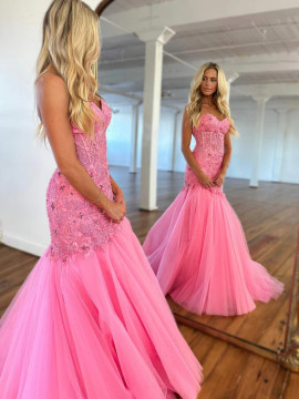 Shop 2023 ANNAKOO Hot Pink Mermaid See Through Tulle Long Prom Dress Under 188