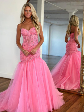 Shop 2023 ANNAKOO Hot Pink Mermaid See Through Tulle Long Prom Dress Under 188