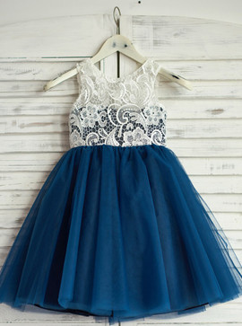 Simple Navy Blue A-Line Jewel Flower Girl Dress with Lace