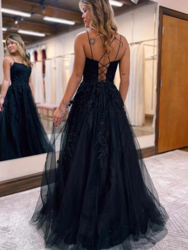 Shop 2023 ANNAKOO Open Back Lace Up A Line Tulle Black Prom Dress Under 168